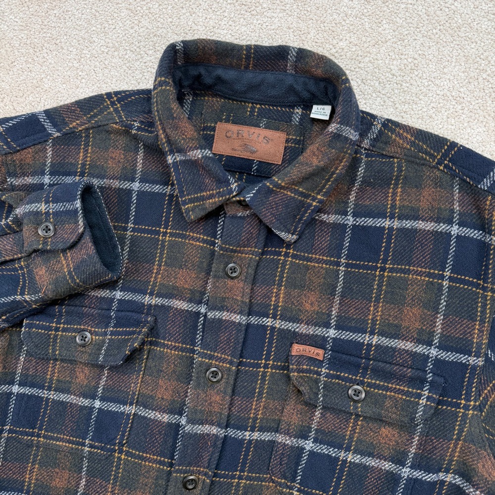 Orvis Men L Flannel Shirt Blue Brown Plaid Long Sleeve Button Down Cotton